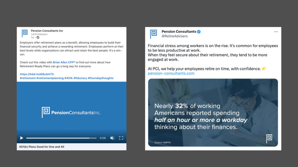 Task: Draft social posts aligned with Pension Consultants Inc.'s messaging to build brand awareness and authority.